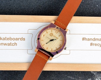 Perfect gift Recycled skateboard watch, purple brown color, wrist watch, man style, wood watch, for him, for her