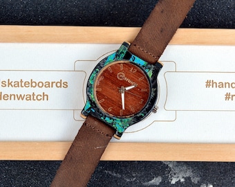 Perfect gift Recycled skateboard watch, turquoise brown color, wrist watch, man style, wood watch, for him, for her