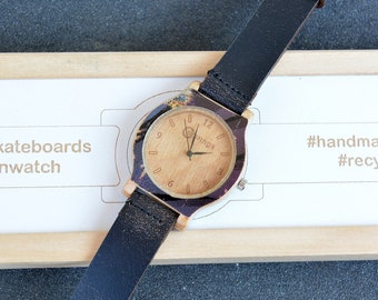 Perfect gift Recycled skateboard watch, purple black, wrist watch, man style, wood watch, for him, for her