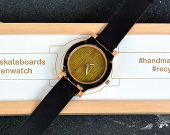 Perfect gift Recycled skateboard watch, black olive, wrist watch, man style, wood watch, for him, for her