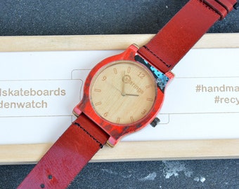 Red bordeaux recycled skateboard watch, wrist watch, man style, wood watch, for him, for her