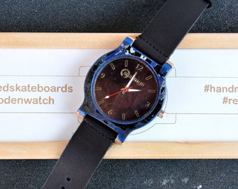 Recycled skateboard watch, black navy blue, wrist watch, man style, wood watch, for him, for her