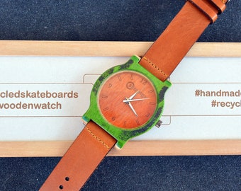 Orange green recycled skateboard watch, wrist watch, man style, wood watch, for him, for her