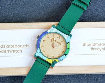 Blue green recycled skateboard watch, wrist watch, man style, wood watch, for him, for her