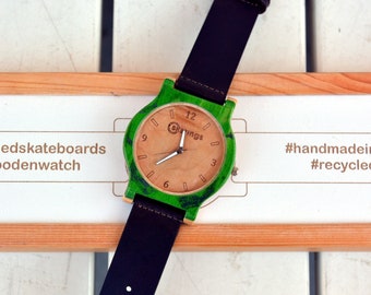 Birthday gift Recycled skateboard watch green natural, wrist watch, man style, wood watch, gift for him, gift for her