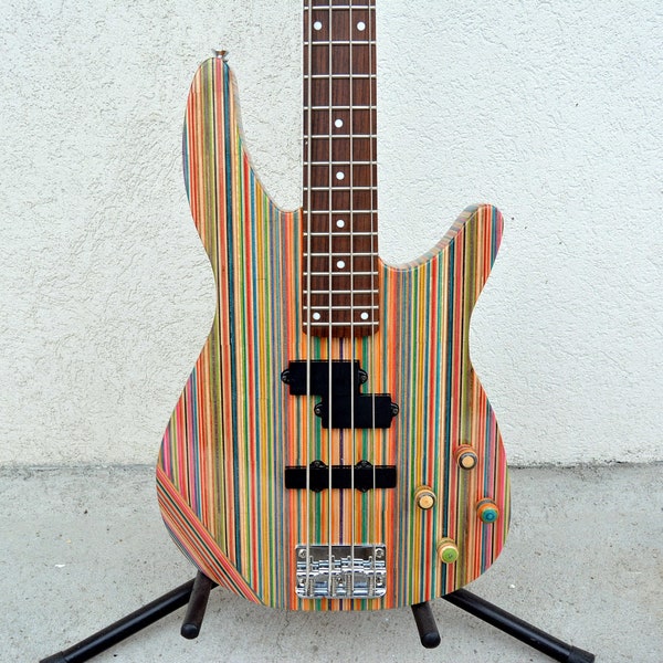 Perfect gift Bass guitar from recycled skateboard decks, custom handmade bass electric guitar, for him, for her