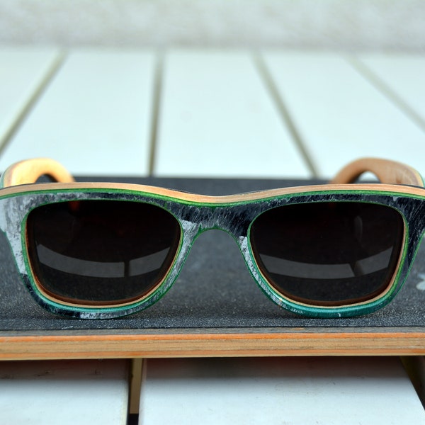 Green black white old skateboard wood sunglasses, man style, men sunglasses, women sunglasses, gift for him, gift for her 2