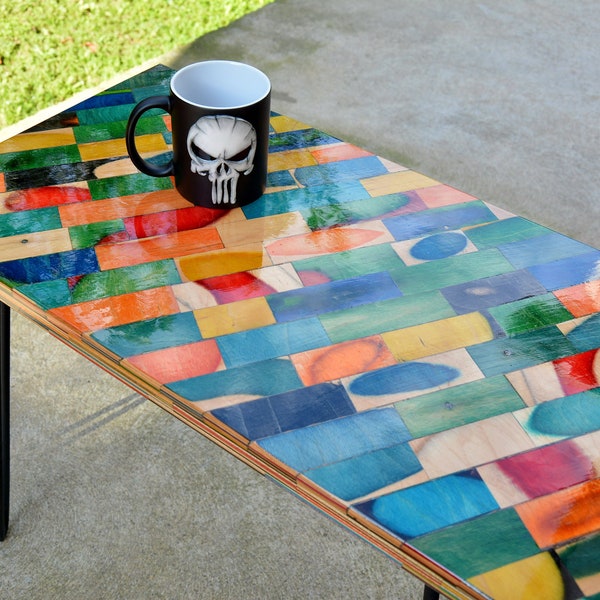 Recycled Skateboard Coffee Table: Handmade Art with Hairpin Legs