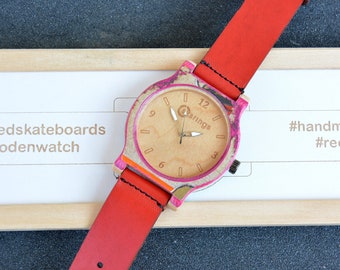 Red pink recycled skateboard watch, wrist watch, man style, wood watch, for him, for her