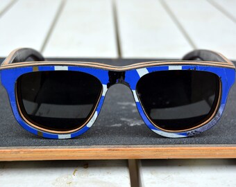 Recycled skateboard wood sunglasses, Big style, blue black, wayfarer style, men sunglasses, women sunglasses