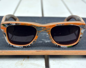 Perfect gift Recycled skateboard wood sunglasses, orange black, men sunglasses, women sunglasses, gift for him, gift for her