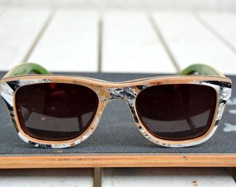 Recycled skateboard sunglasses, black white, wood sunglasses, woman sunglasses, gift for her, gift for him