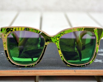 Big women sunglasses recycled skateboard wood sunglasses, green mirror, woman sunglasses, cat eye, for her