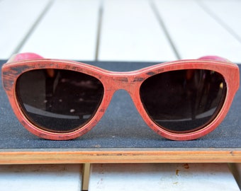 Recycled skateboard sunglasses, pink red, wood sunglasses, gift for her, Birthday gift