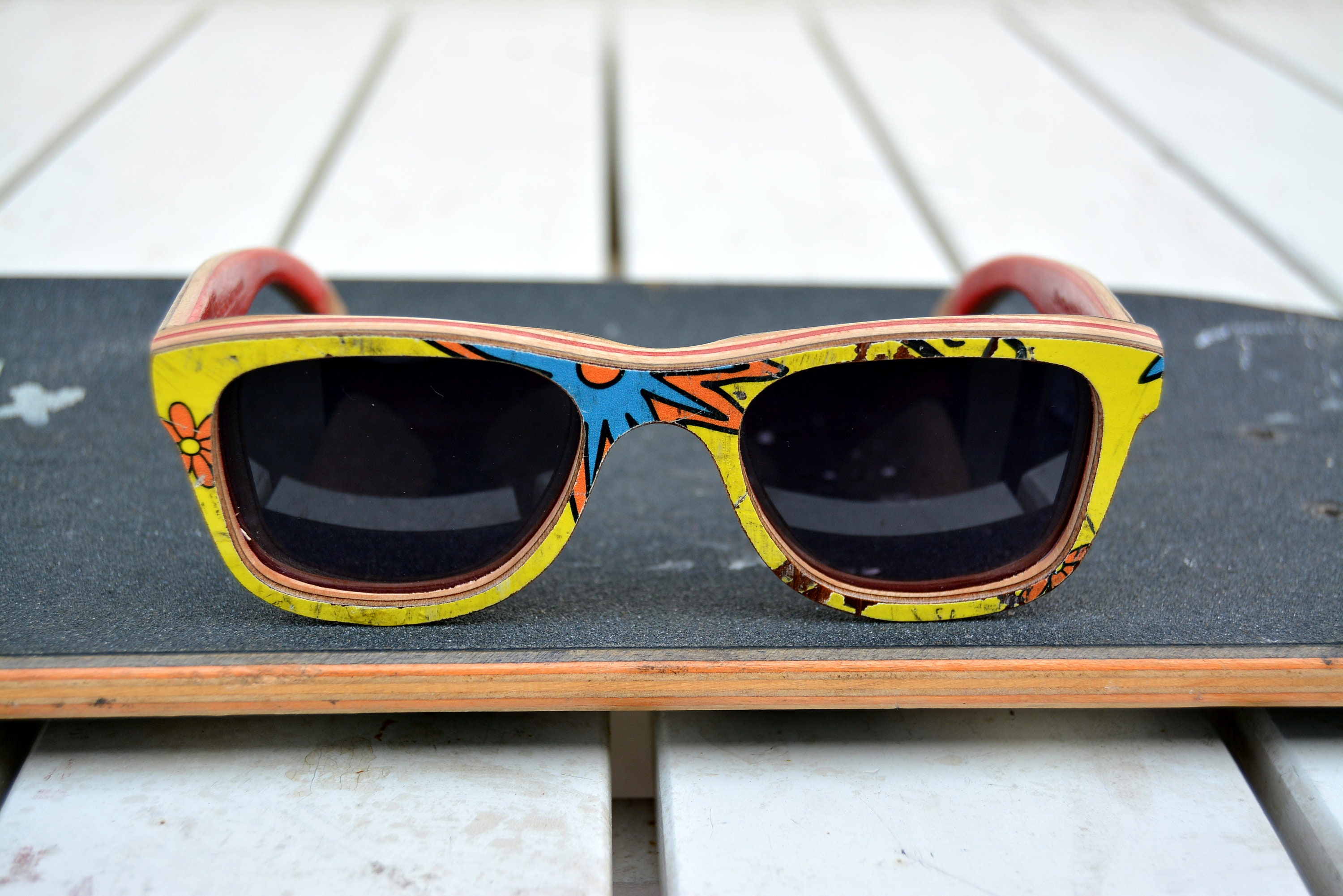 Recycled Skateboard Sunglasses, Yellow Red, Wood Sunglasses 