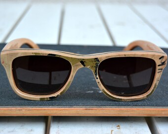 Recycled skateboard sunglasses, natural golden, wood sunglasses, woman sunglasses, gift for her, gift for him