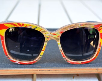 Big women sunglasses recycled skateboard wood sunglasses, red yellow, woman sunglasses, cat eye, for her