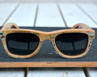 Recycled skateboard sunglasses, natural color, wood sunglasses, woman sunglasses, gift for her, gift for him