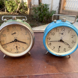 Vintage INSA alarm clocks, made in Yugoslavia, retro 70s, green and blue clocks