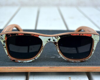Recycled skateboard sunglasses, flower style, wood sunglasses, woman sunglasses, gift for her, gift for him