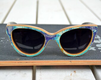 Perfect gift for woman Recycled skateboard wood sunglasses, turquoise blue, woman sunglasses, cat eye sunglasses, gift for her