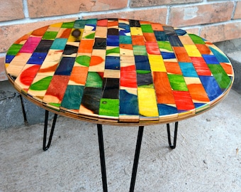 Perfect gift recycled skateboard coffee table with hairpin legs, side table, 49cm diameter, height 40cm, unique piece of art