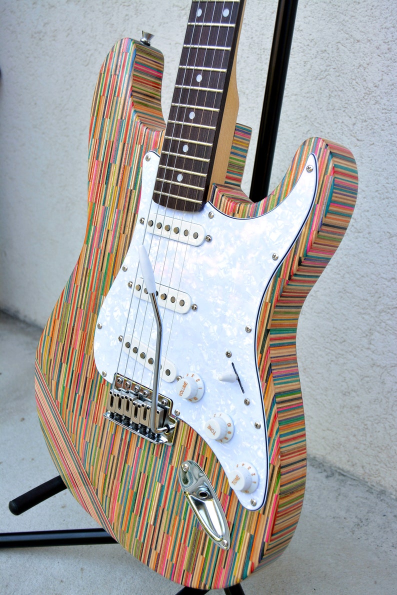 4 String Instruments Labeled Recycled Skateboard Stratocaster Electric Guitar: Maple Neck, Fender ...