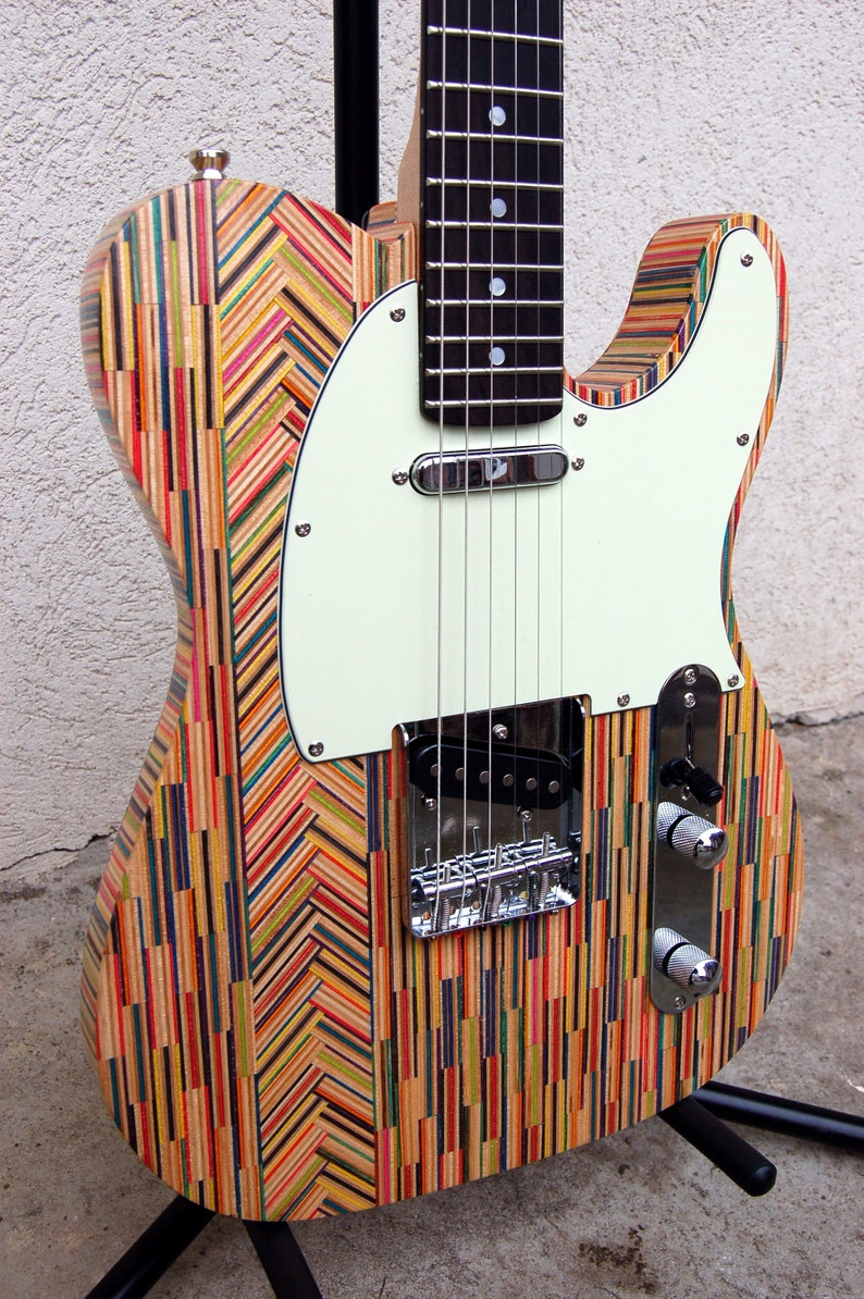 Perfect gift Telecaster style fish bone recycled skateboard guitar, custom handmade electric guitar with Squier pickups, for him, for her image 4