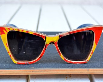 Big women cateye sunglasses recycled skateboard wood sunglasses, red yellow, woman sunglasses, cat eye, for her