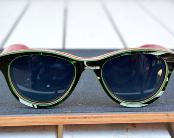 Recycled skateboard sunglasses, black green red, wood sunglasses, gift for her, Birthday gift