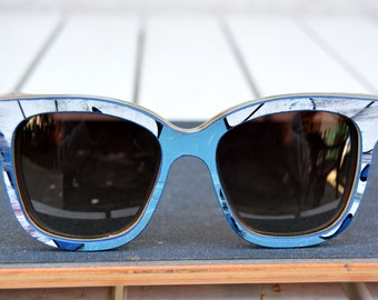 Big women sunglasses recycled skateboard wood sunglasses, blue white, woman sunglasses, cat eye, for her