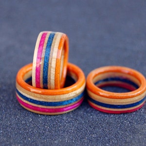 Recycled skateboard rings orange natural blue pink, for him, for her