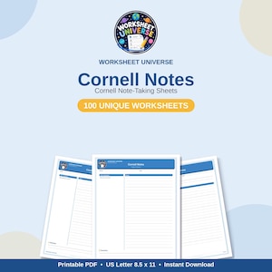 Plantilla imprimible para tomar apuntes con el método Cornell / 100 hojas únicas para tomar notas en 25 asignaturas / Apuntes de estudio y universitarios / Descarga instantánea en PDF