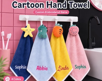 Toalla de mano personalizada para niños / Toalla con nombre y dibujos animados bordados a medida / Toalla de baño para niños pequeños / Regalo para guardería infantil para niños y niñas