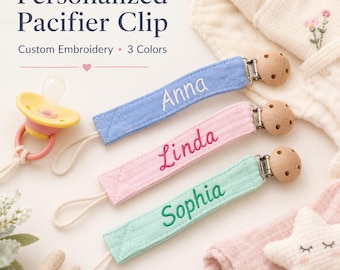 Clip per ciuccio personalizzata, porta ciuccio con nome del bambino ricamato su misura, clip per ciuccio in mussola, regalo per baby shower, accessorio essenziale per l'asilo nido.