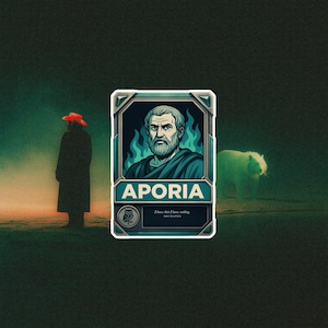 May include: A rectangular sticker featuring a portrait of Socrates against a teal flame background. The text APORIA is printed in white, with the quote I know that I know nothing SOCRATES and an owl icon displayed in a lower panel.
