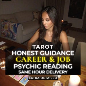 May include: A tarot card reading service advertisement featuring text that reads: TAROT HONEST GUIDANCE CAREER & JOB PSYCHIC READING SAME HOUR DELIVERY EXTRA DETAILED. The image shows a person at a wooden table with tarot cards and a lit candle.