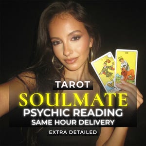 Peut inclure: Deux cartes de tarot rectangulaires présentant des illustrations colorées d'une silhouette marchant et d'une silhouette avec un lion, tenues sur un fond sombre. Le texte TAROT SOULMATE PSYCHIC READING SAME HOUR DELIVERY EXTRA DETAILED est superposé.