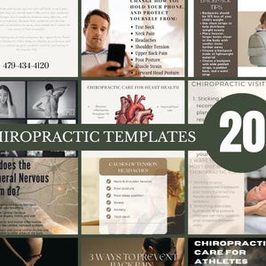 Peut inclure: Un ensemble de vingt modèles numériques pour réseaux sociaux sur la chiropratique, incluant du texte éducatif, des illustrations anatomiques du cœur et du système nerveux, ainsi que des photos illustrant la posture et les soins chiropratiques.