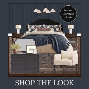 May include: A bedroom interior design board featuring a black bed frame, navy blue knit throw, floral pillows, a dark gray dresser, a cream armchair, two bedside tables with lamps, a chandelier, a patterned rug, and text reading Instant Download + Links.
