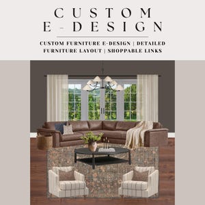 May include: A digital interior design mood board featuring the text CUSTOM E-DESIGN, CUSTOM FURNITURE E-DESIGN, DETAILED FURNITURE LAYOUT, SHOPPABLE LINKS. It displays a brown leather sectional, two striped armchairs, a round black coffee table, a chandelier, and a patterned rug.