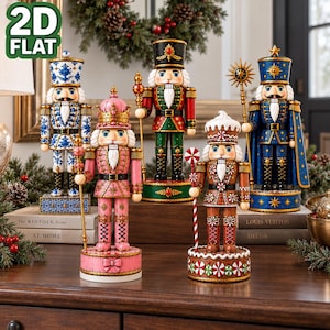 May include: Five decorative nutcracker figurines standing on circular bases. The collection includes a blue and white patterned nutcracker, a pink nutcracker with a crown, a green and red soldier, a brown gingerbread-themed figure, and a blue star-adorned nutcracker with a cape.