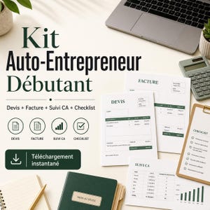 Peut inclure: Un kit de démarrage pour auto-entrepreneur intitulé Kit Auto-Entrepreneur Débutant comprenant des modèles de devis, factures, suivi de chiffre d'affaires et checklist. L'image présente des icônes, un bouton de téléchargement et des documents.
