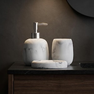 Modern Resin Bathroom Accessories, Marble Look Soap Dispenser, Toothbrush Holder & Soap Dish Set