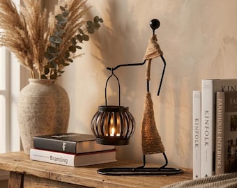 Rustic Metal Lantern Candle Holder, Farmhouse Table Decor, Jute Rope Sculpture, Boho Candle Lantern, Housewarming Gift