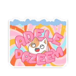 May include: A rectangular sticker featuring a cartoon cat with white and orange fur, surrounded by the pink bubble-letter text ADELE DAZEEM. The background displays a colorful, wavy, retro-inspired pattern with light blue clouds at the top.