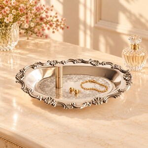 Vintage Silverplate Serving Tray | Ornate Sheffield Floral and Shell Vanity Tray