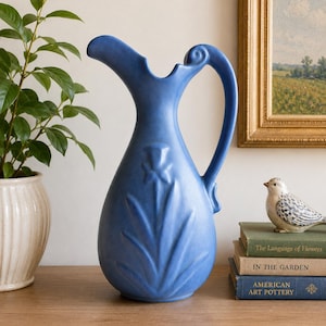 Vintage Blue Pottery Pitcher Vase | Niloak Daffodil Ewer | American Art Pottery