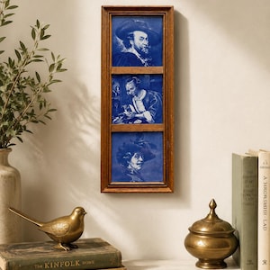 Vintage Delft Blue Ceramic Tile Art | Rembrandt Portraits, Dutch Wood Frame