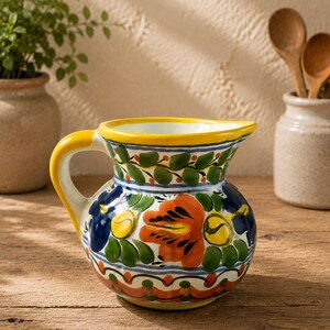 Vintage Mexican Hand Painted Pottery Pitcher | Colorful Talavera Style Folk Art Jug